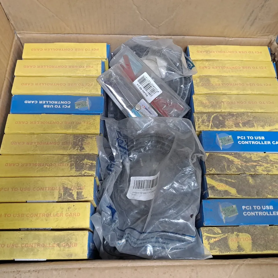 APPROXIMATELY 14 ASSORTED ITEMS TO INCLUDE PCI TO USB CONTROLLER CARD, HIGH SPEED CABLES, ETC