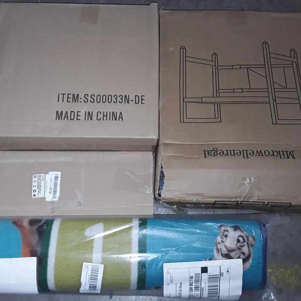 UNPROCESSED PALLET OF ASSORTED ITEMS TO INCLUDE MULTIPLE KIDS RUGS AND RAYBATIC DEEP ROOT TREE WATERERS