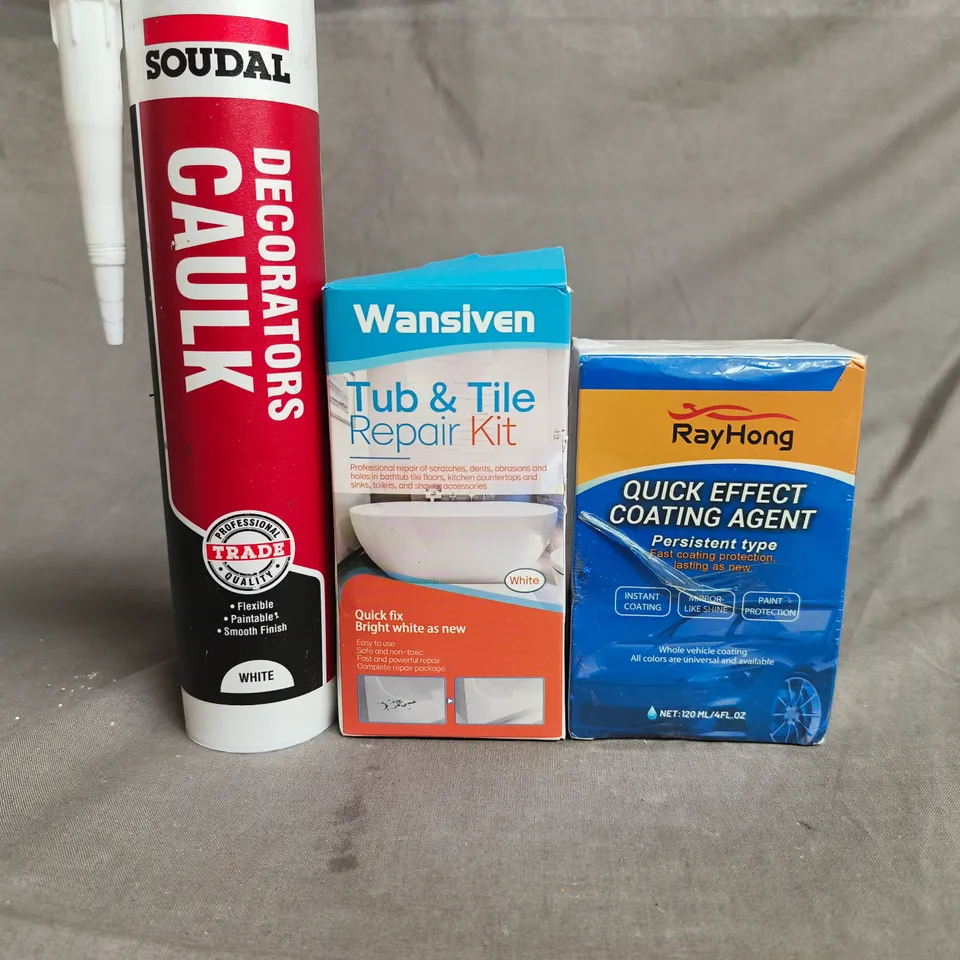 APPROX 10 ASSORTED ITEMS TO INCLUDE - SOUDAL DECORATORS CAULK TUBE; WANSIVEN TUB & TILE REPAIR KIT; RAYHONG QUICK EFFECT COATING AGENT