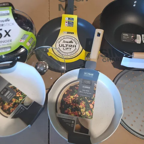 LOT OF APPROXIMATELY 13 ASSORTED HOUSEHOLD ITEMS TO INCLUDE FRYING PANS, 36CM WOK AND STOCK POT