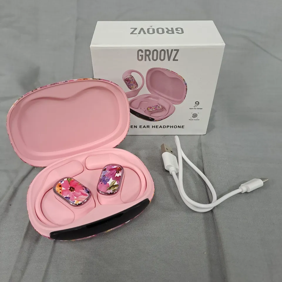 GROOVZ OPEN EAR HEADPHONES – PINK FLORAL CASE WITH USB-C CABLE