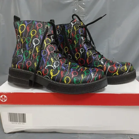 BOXED PAIR OF RIEKER LACE UP BOOTS IN BALLOON DESIGN SIZE 4