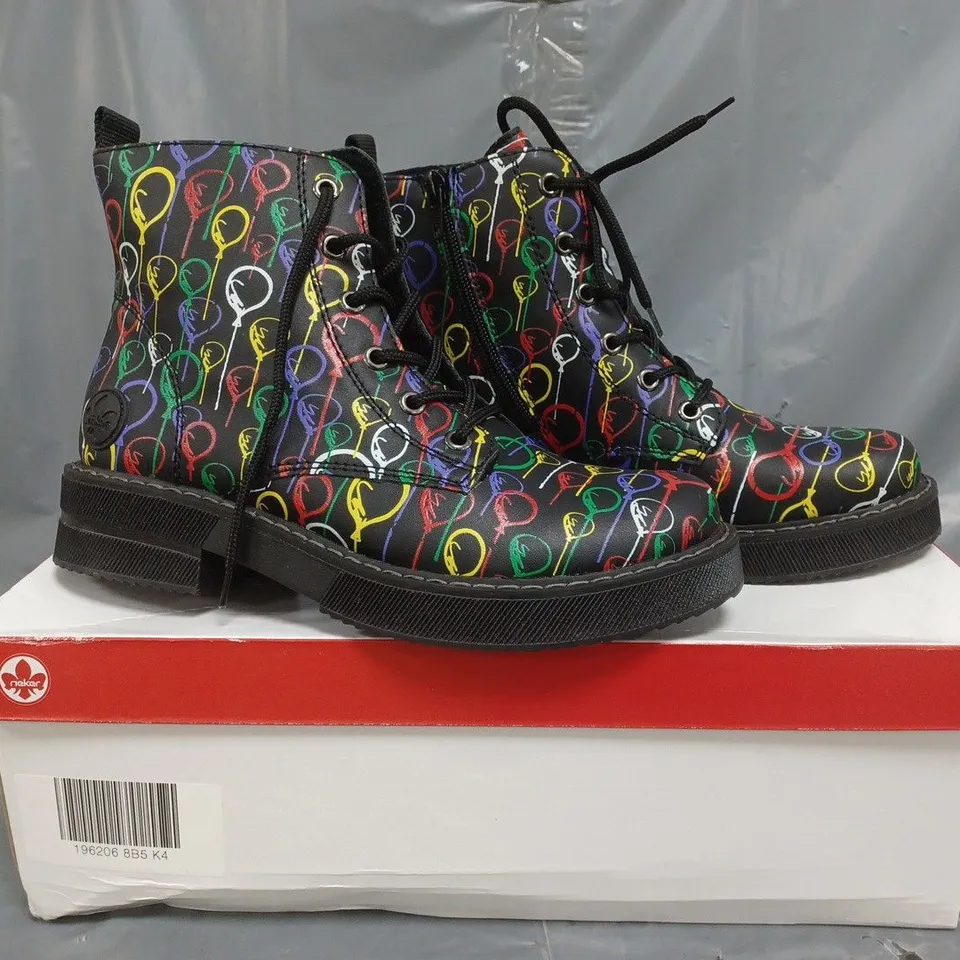 BOXED PAIR OF RIEKER LACE UP BOOTS IN BALLOON DESIGN SIZE 4