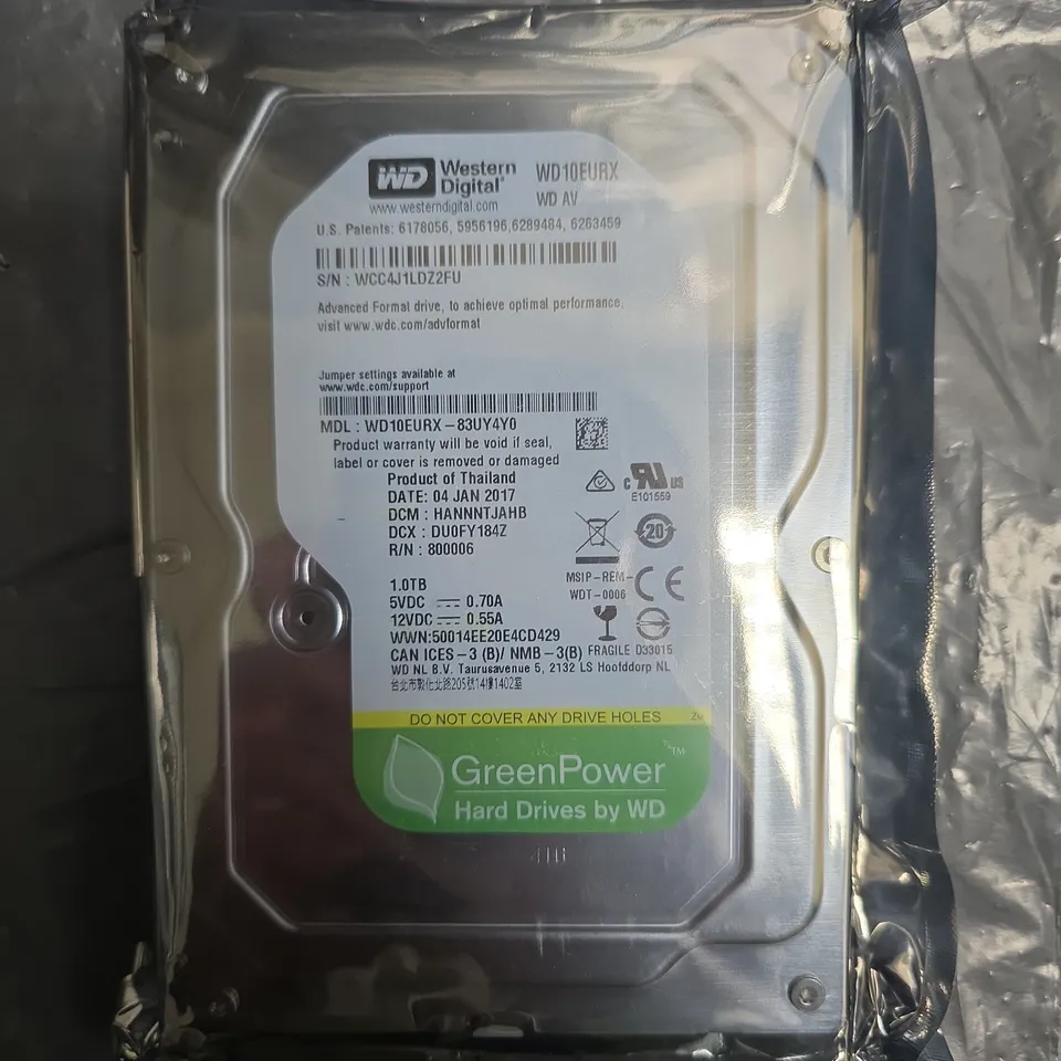 WD GREEN 1TB HARD DRIVE (WD10EURX) - 3.5IN SATA INTERNAL HDD, IN ANTI-STATIC BAG