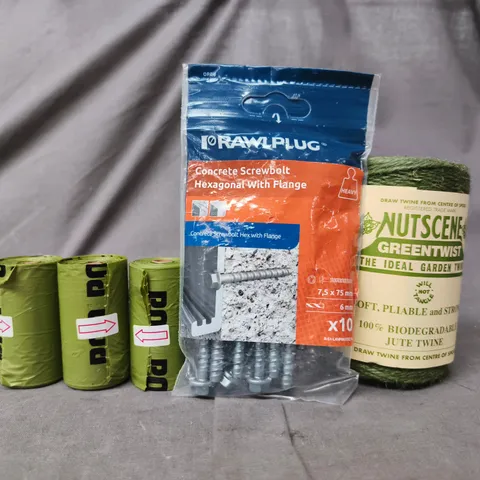 APPROXIMATELY 10 ASSORTED HOUSEHOLD ITEMS TO INCLUDE NUTSCENE GREENTWIST GARDEN TWINE, CONCRETE SCREWBOLT, ETC