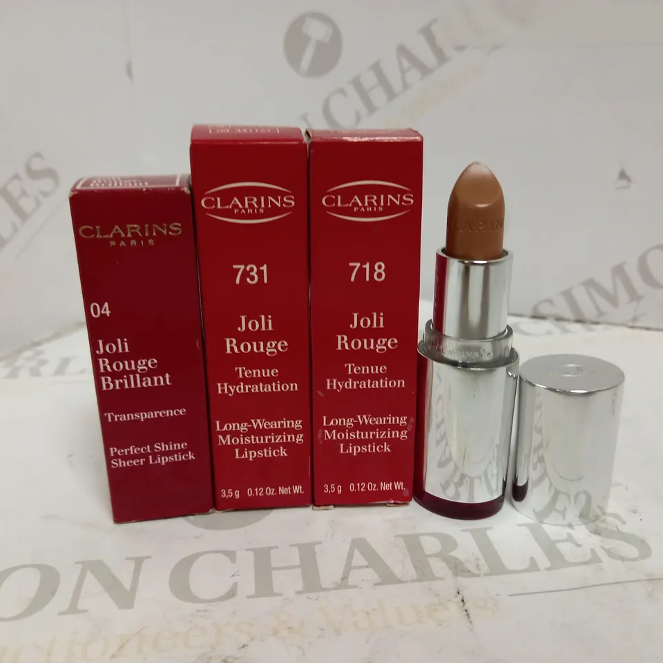 LOT OF 3 CLARINS JOLI ROUGE LIPSTICKS IN ASSORTED COLOURS