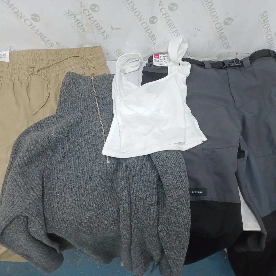 LARGE BOX OF ASSORTED CLOTHING ITEMS TO INCLUDE PANTS, VESTS AND JUMPERS