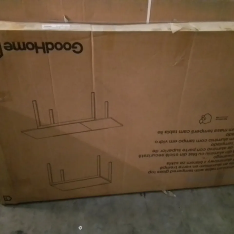 BOXED GOODHOME MOOREA ALUMINIUM TABLE WITH TEMPERED GLASS TOP 