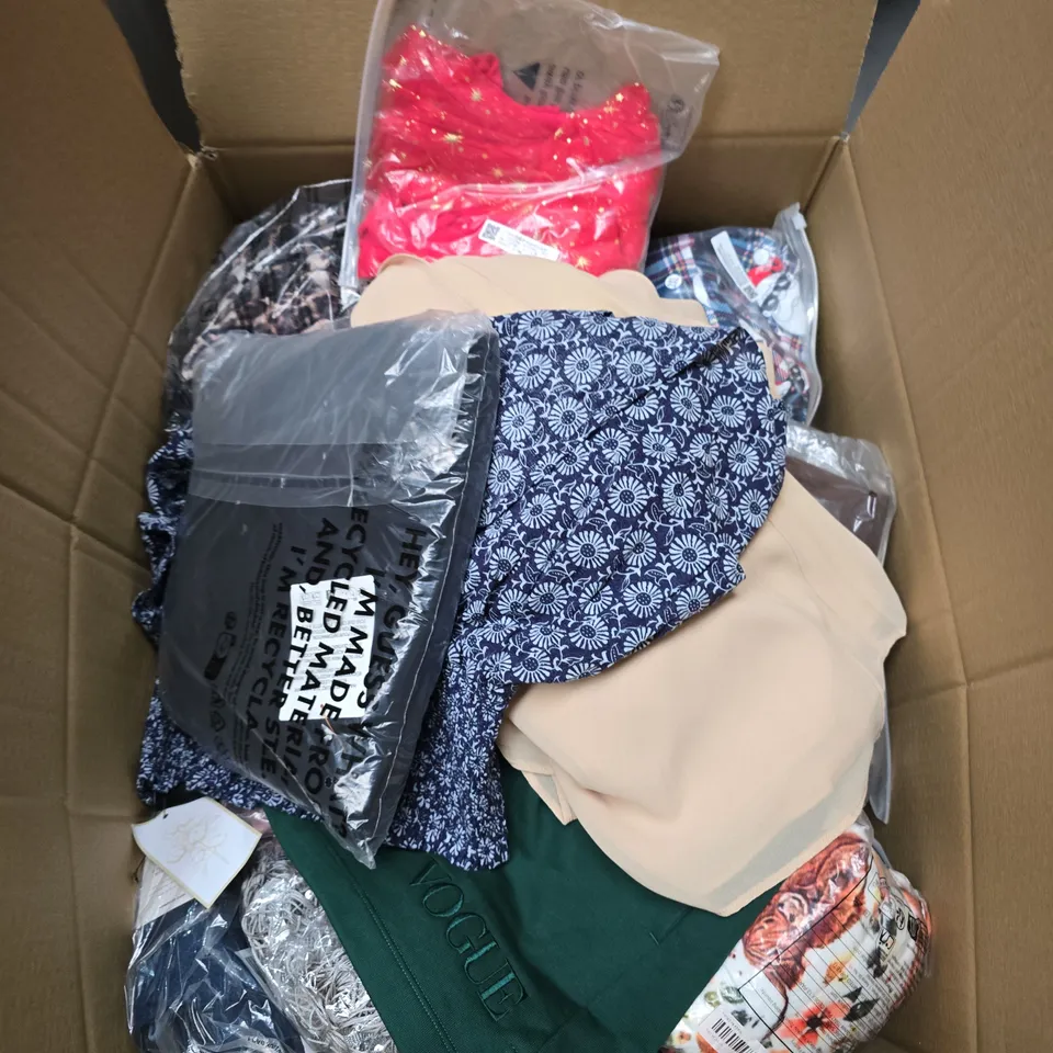 LARGE BOX OF APPROXIMATELY 25 ASSORTED CLOTHING ITEMS IN VARIOUS COLOURS, STYLES AND SIZES - COLLECTION ONLY
