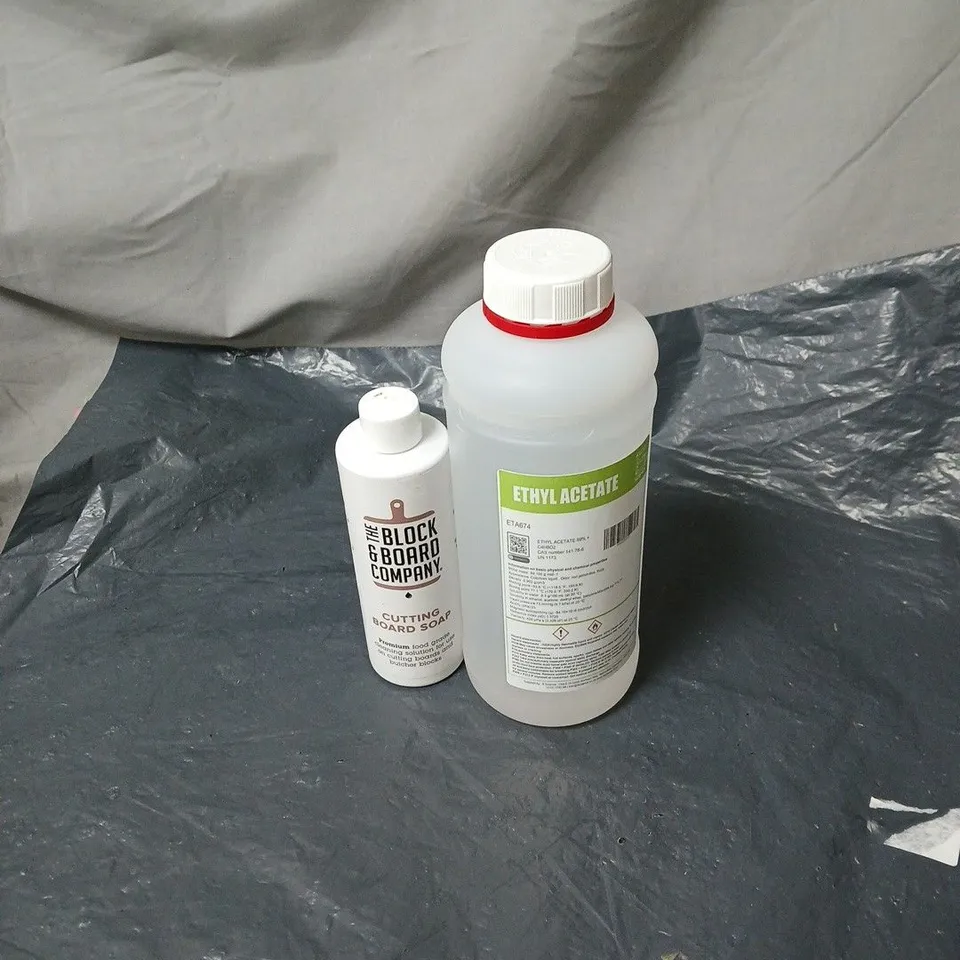 APPROXIMATELY 15 ASSORTED ITEMS TO INCLUDE CUTTING BOARD SOAP, ETHYL ACETATE ETC