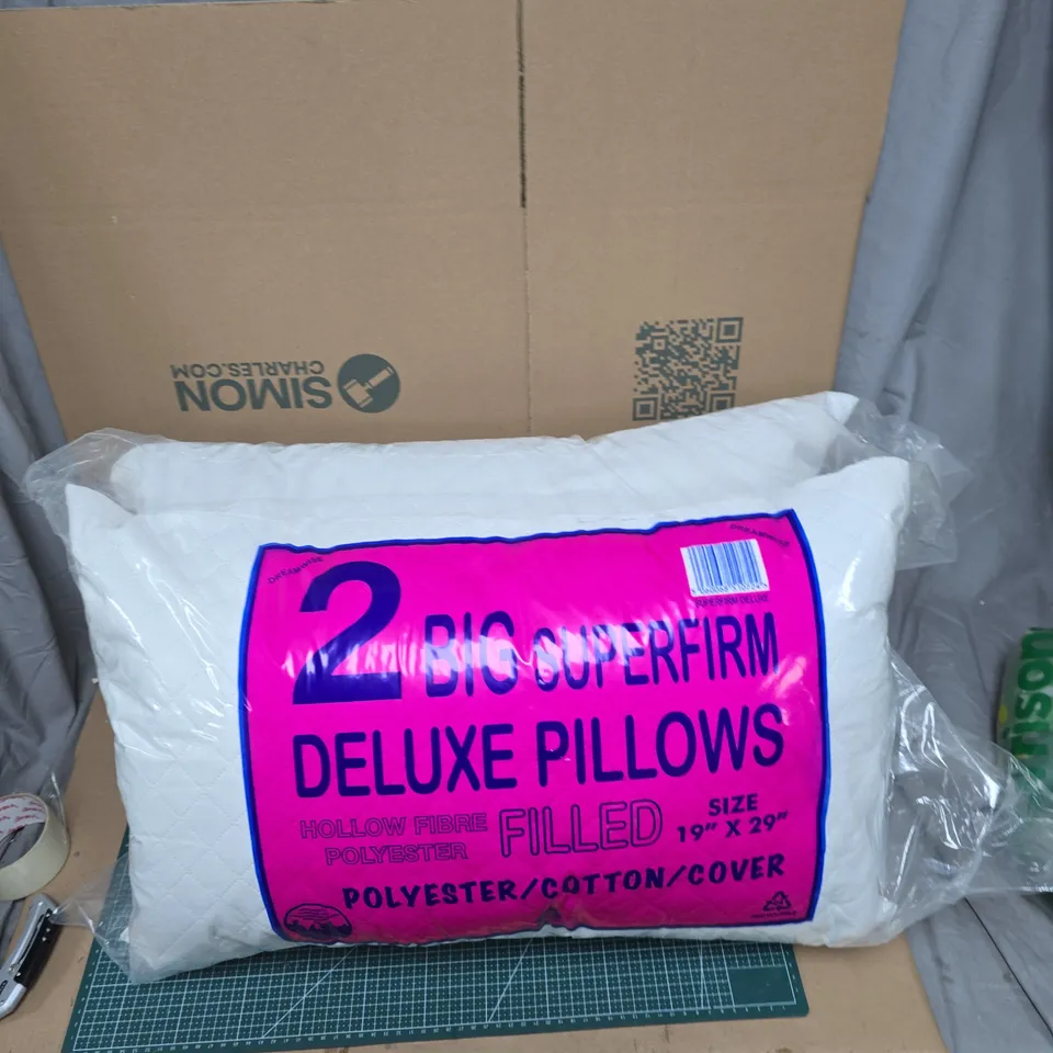 TWO BIG SUPERFIRM DELUXE PILLOWS – HOLLOW FIBRE POLYESTER FILL, POLYESTER/COTTON COVER, 19 X 29 IN