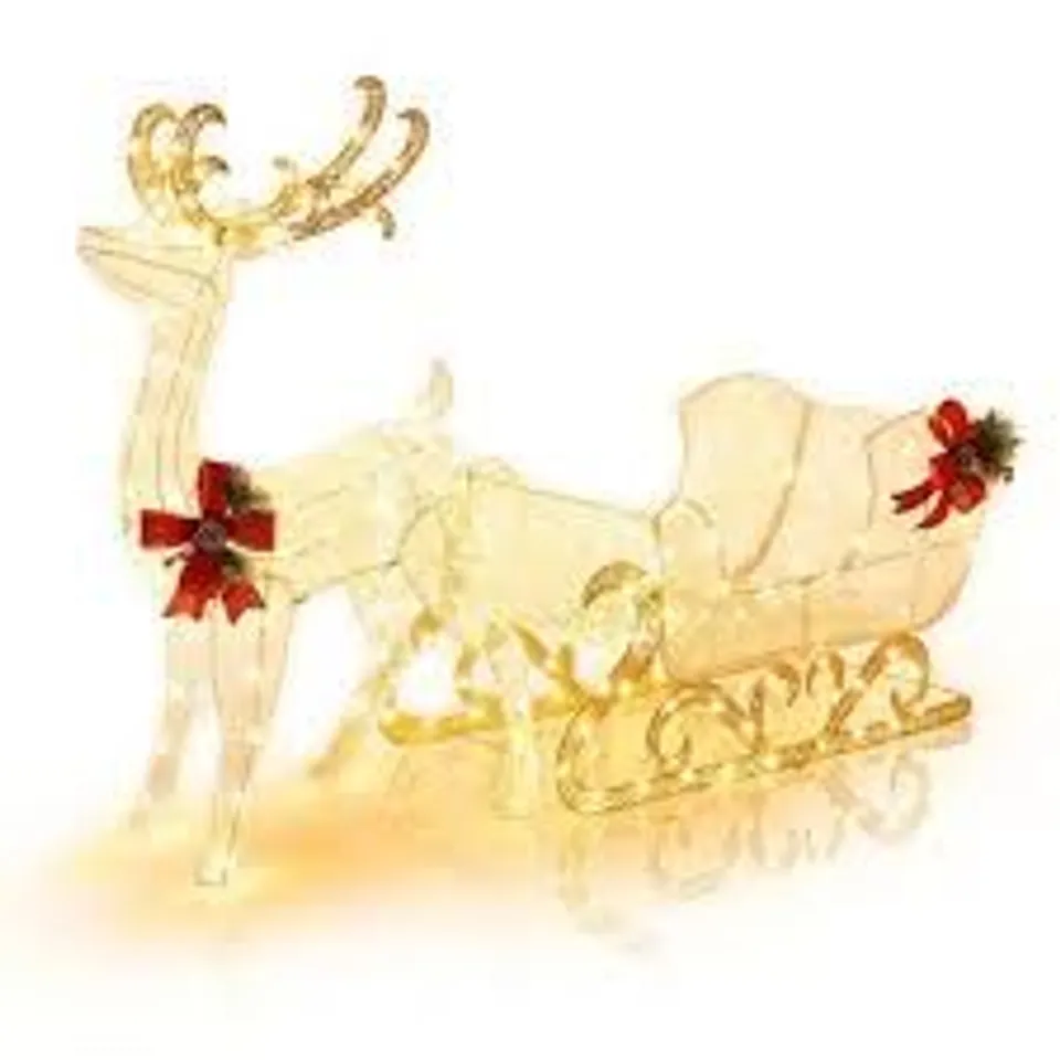 BOXED PRE-LIT CHRISTMAS REINDEER AND SANTA’S SLEIG WITH 215 WARM WHITE BULBS