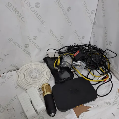 TOTE OF ASSORTED ELECTRICAL ITEMS TOO INCLUDE WIRES , PLUGS , TV BOXES , ETC