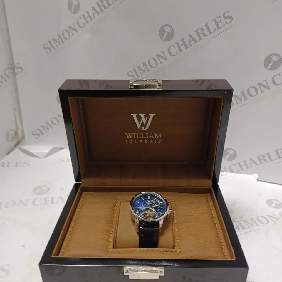 MENS WILLIAM JOURDAIN AUTOMATIC 2580 WATCH – OPEN HEART MOVEMENT WITH SUB DIALS –  BLACK GENUINE LEATHER STRAP