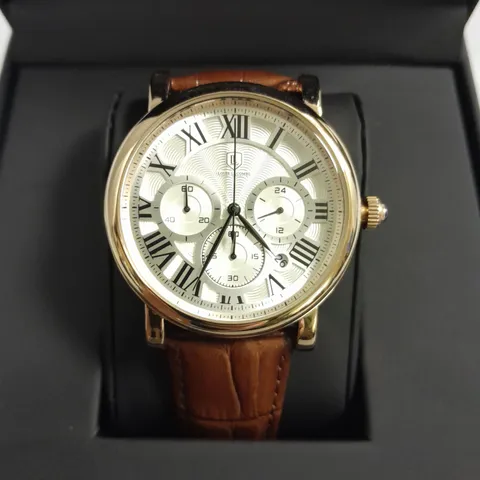 MENS LOUIS LACOMBE CHRONOGRAPH WATCH WITH MULTI FUNCTION DIAL WITH DATE AND ROMAN NUMERAL DIAL WITH BROWN LEATHER STRAP IN GIFT BOX