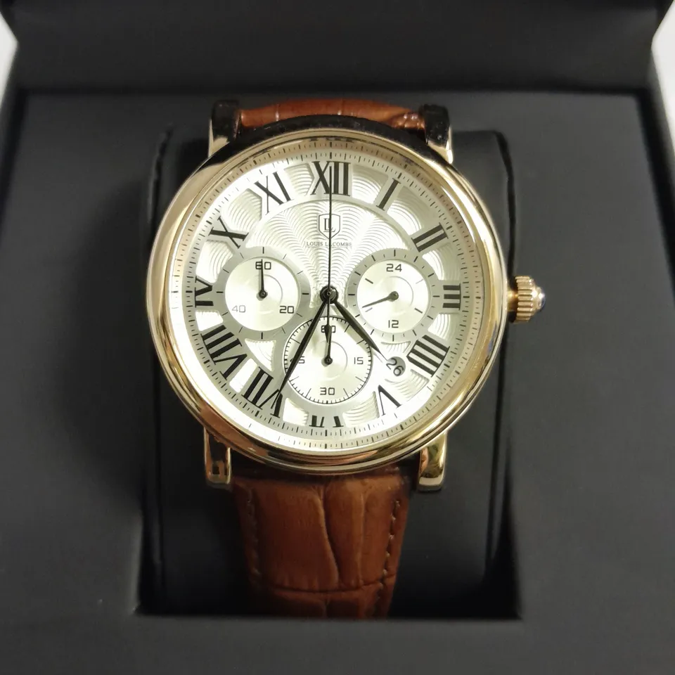 MENS LOUIS LACOMBE CHRONOGRAPH WATCH WITH MULTI FUNCTION DIAL WITH DATE AND ROMAN NUMERAL DIAL WITH BROWN LEATHER STRAP IN GIFT BOX