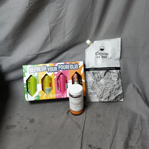 APPROXIMATELY 12 ASSORTED KITCHEN ITEMS INCLUDING CITIZENS OF SOIL EXTRA VIRGIN OLIVE OIL CLUB 500ML, MYVITAMINS MULTIVITAMINS GUMMIES AND CARLSBERG BRITVIC MULTIPACK