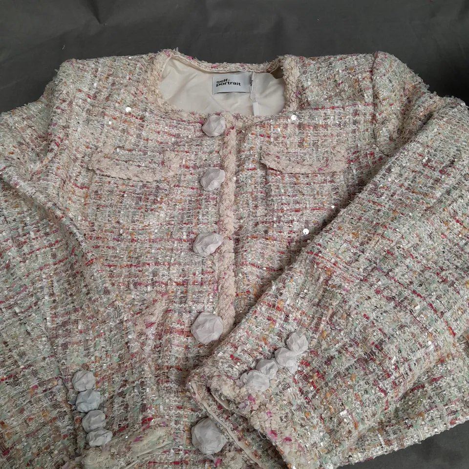 SELF PORTRAIT PASTEL BOUCLE BOXY JACKET IN CREAM - UK 16