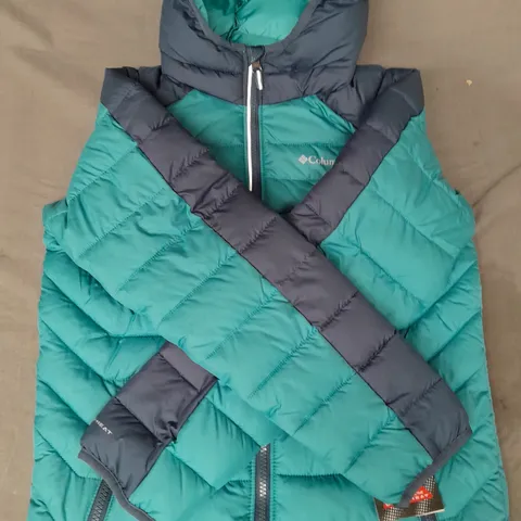 COLUMBIA CHILDREN'S HOODED JACKET IN TEAL/NAVY SIZE MEDIUM