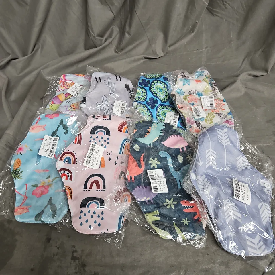 BOX OF APPROX 20 REUSABLE SANITARY PADS IN ASSORTED DESIGNS
