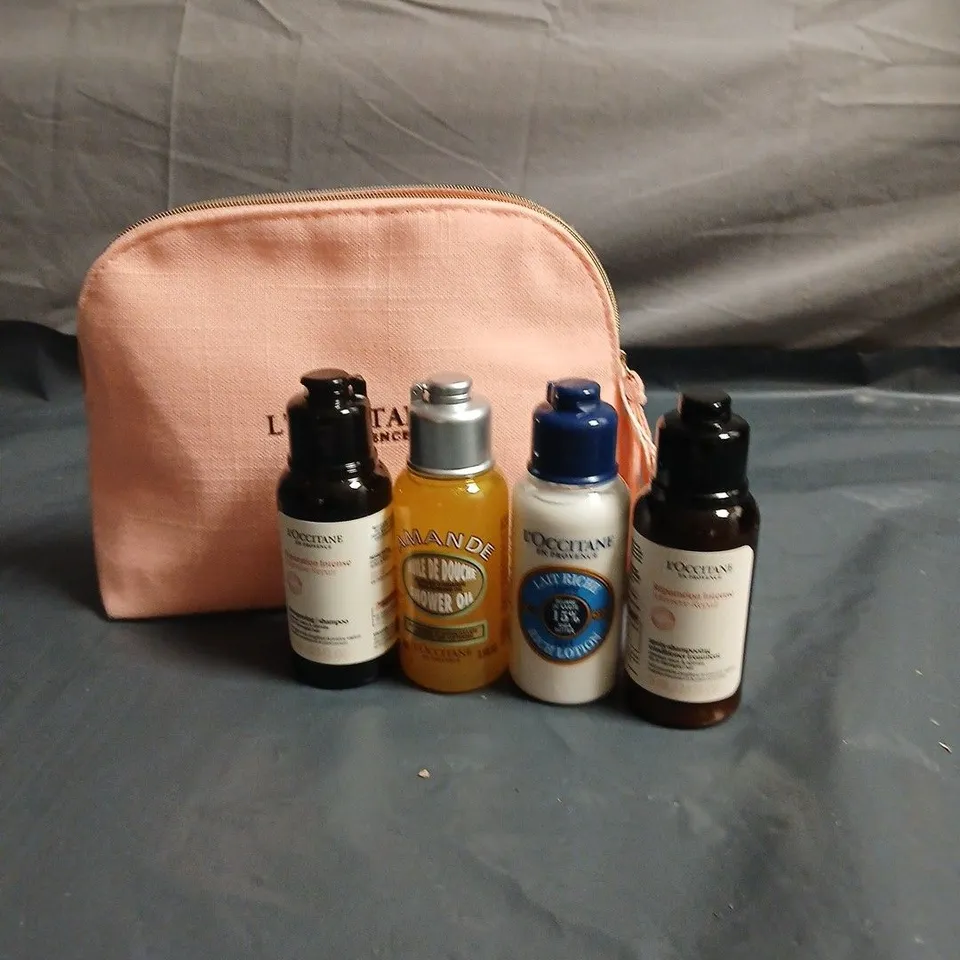 L'OCCITANE TRAVEL SKINCARE SET WITH PINK POUCH – 4 X TRAVEL-SIZE BOTTLES