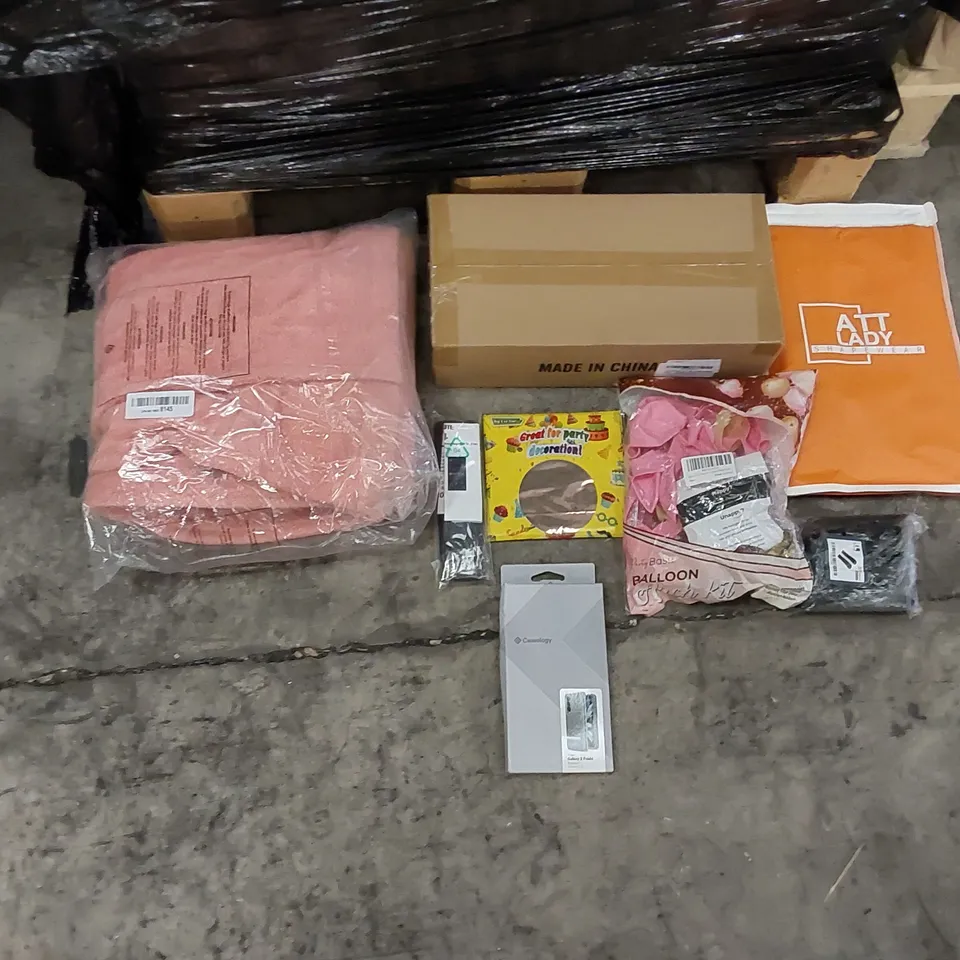 PALLET OF ASSORTED ITEMS INCLUDING: TOILET ROLL HOLDER, WOMEN'S SHAPEWEAR, DRESSING GOWN, UNIVERSAL REMOTE, PARTY DECORATIONS & BALLOONS, PHONE CASE, DOOR STOPPERS