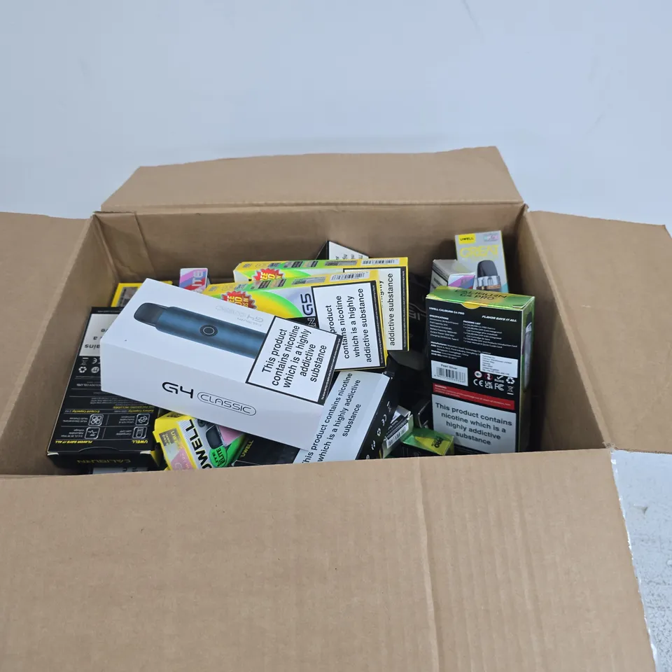 APPROXIMATELY 20 ASSORTED E-CIG PRODUCTS AND ACCESSORIES TO INCLUDE CALIBURN, GEEKVAPE ETC