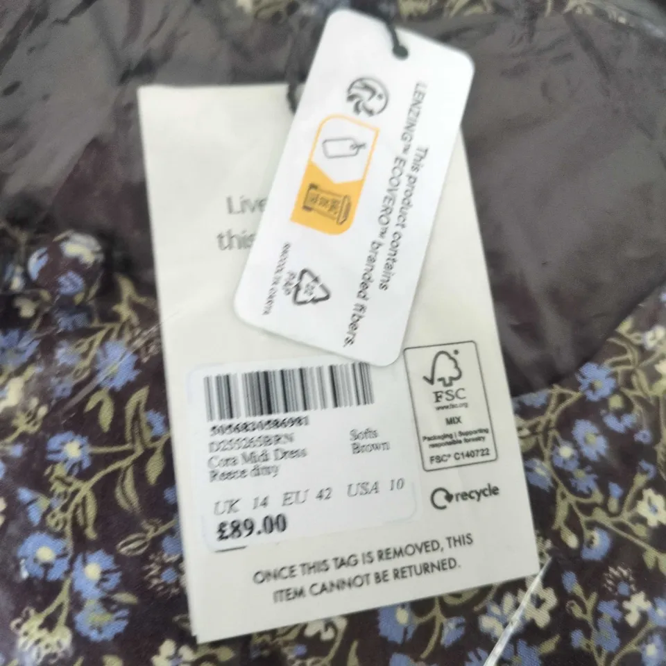 WOMEN'S FLORAL DRESS – BROWN WITH BLUE FLOWERS (UK 14 / EU 42 / USA 10) NOBODYS CHILD