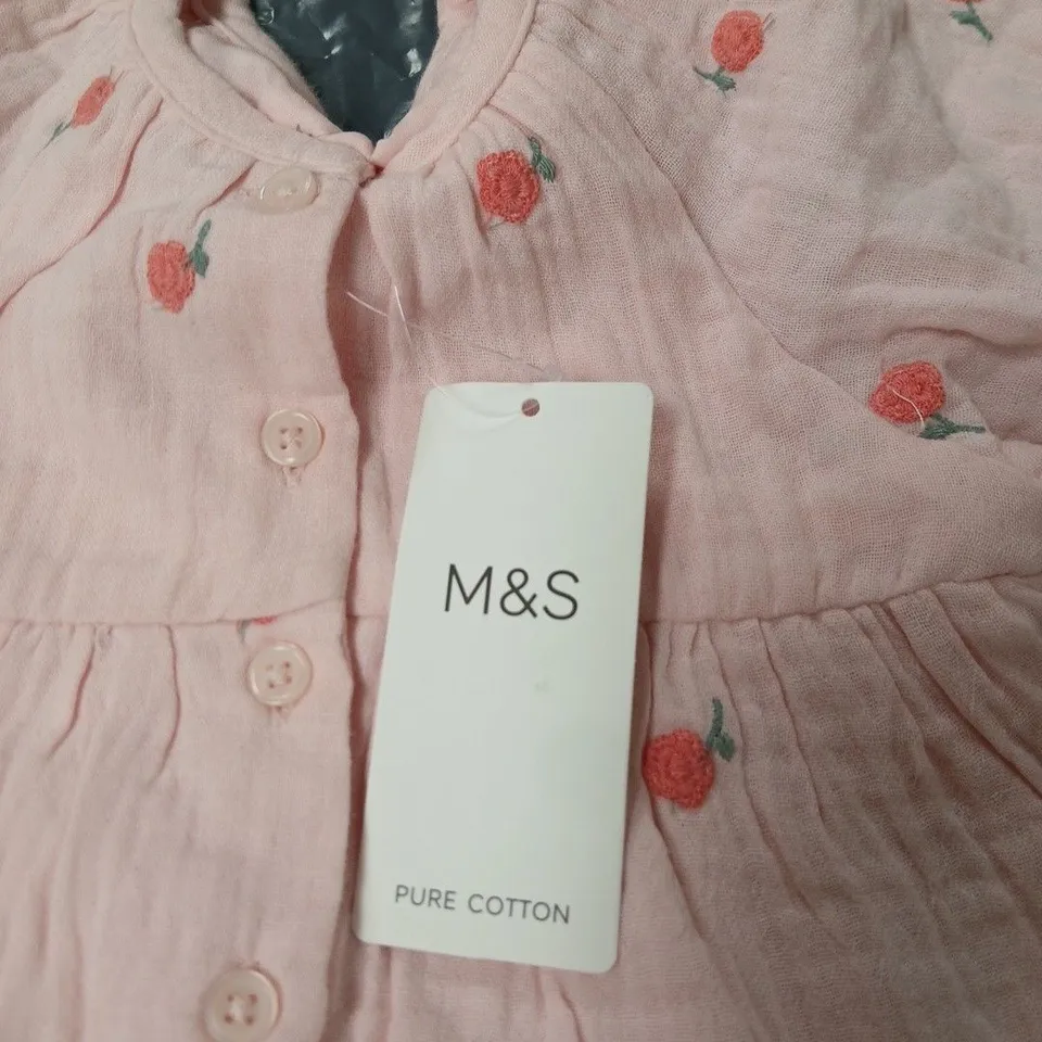 M&S PURE COTTON BABY PINK TOP WITH ROSE PRINT AND SHORTS  – 3-6 MONTHS 