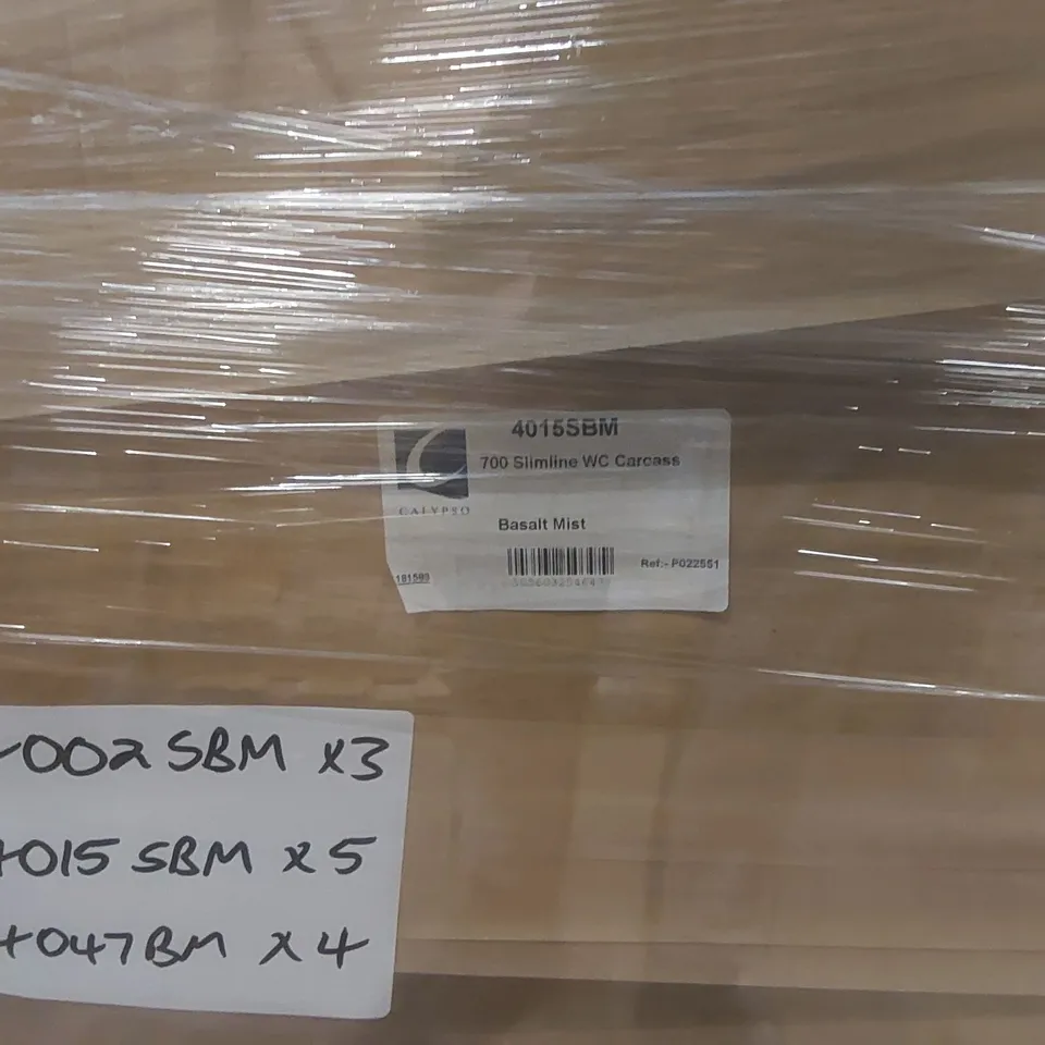 PALLET CONTAINING A LARGE QUANTITY OF ASSORTED BATHROOM FURNITURE PARTS INCLUDING: 2 DRAWER CARCASSES, SLIMLINE WC CARCASS ECT