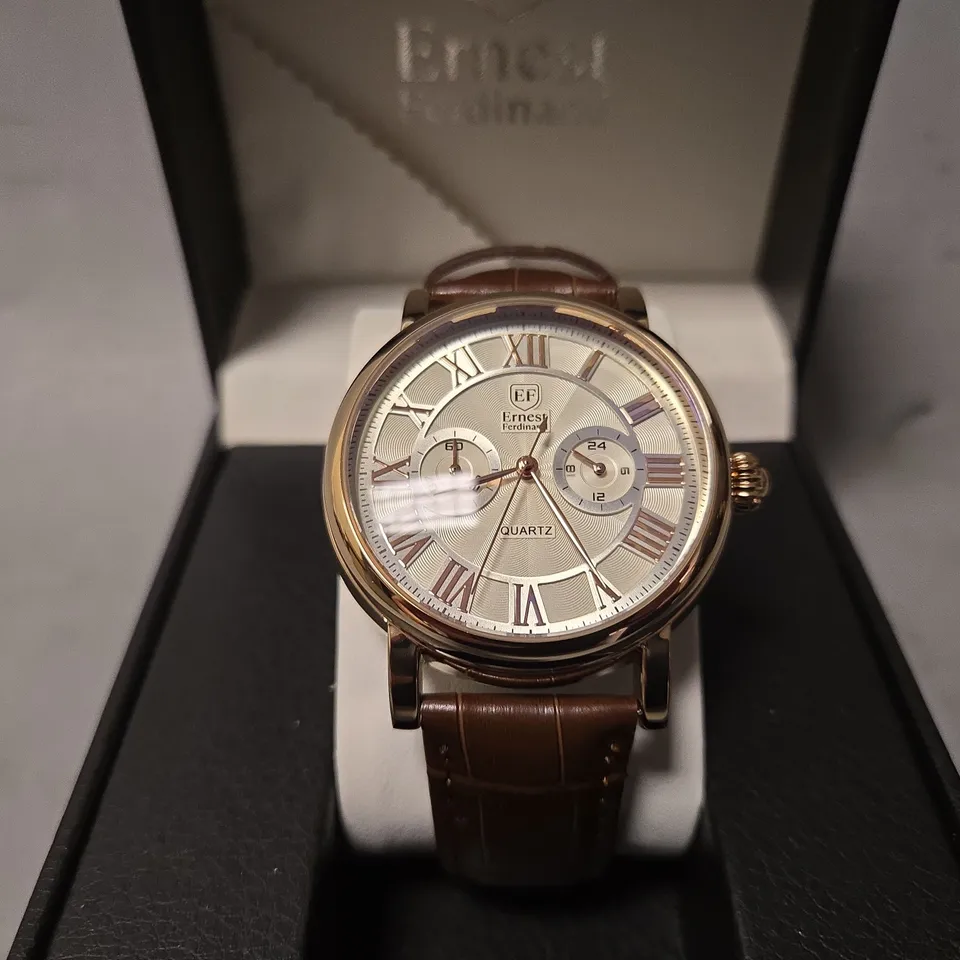 BOXED ERNEST FERDINAND QUARTZ WHITE DIAL MENS WATCH