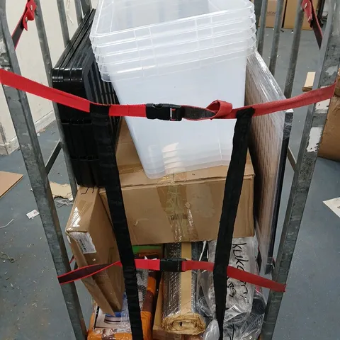CAGE OF APPROXIMATELY 8 ASSORTED HOUSEHOLD ITEMS TO INCLUDE - STORAGE BOXES, RUGS, PICTURE FRAME, AND SMALL SHOE RACK ETC. - COLLECTION ONLY 