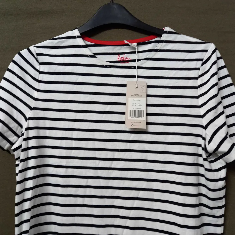BODEN BEA SHORT SLEEVE BRETON TOP IN BLACK/WHITE - UK 8