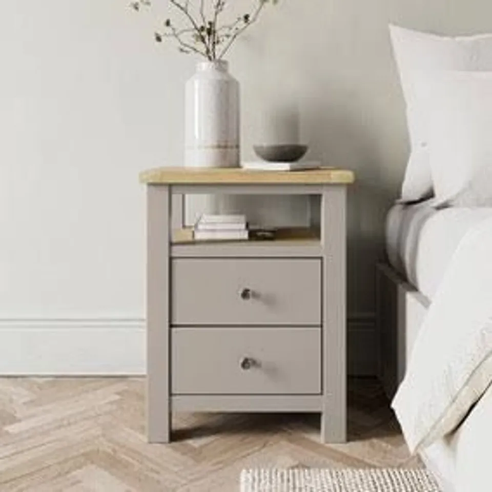 BOXED DUNHELM OLNEY 2 DRAWER BEDSIDE - STONE (1 BOX)