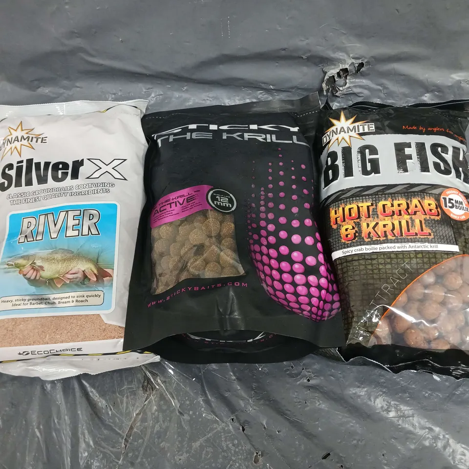 LOT OF 3 ASSORTED FISHING BAITS TO INCLUDE - DYNAMITE SILVERX RIVER GROUNDBAIT - STICKY THE KRILL - DYNAMITE BIG FISH