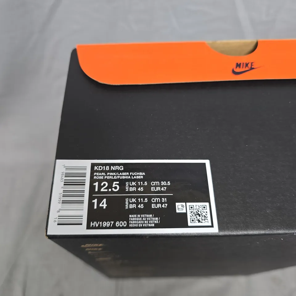 BOXED PAIR OF NIKE KD18 NRG SNEAKERS – PEARL PINK/LASER FUCHSIA, UK 11