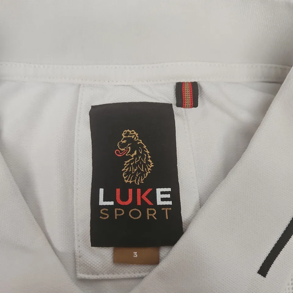LUKE SPORT POLO SHIRT – WHITE WITH BLACK CHEST STRIPE, UK SIZE 3
