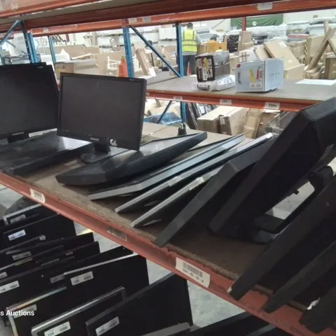 SHELF OF APPROXIMATELY 13 ASSORTED DESK TOP MONITORS, INCLUDING SAMSUNG, LENOVO, HP.