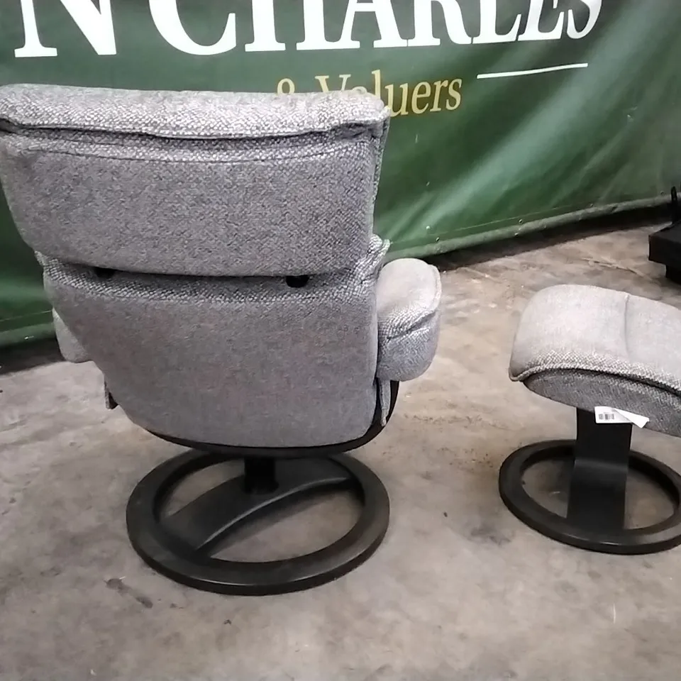 QUALITY BRITISH DESIGNER G PLAN MANUFACTURED BERGEN CHAIR AND FOOTSTOOL - GALERA SLATE FABRIC 