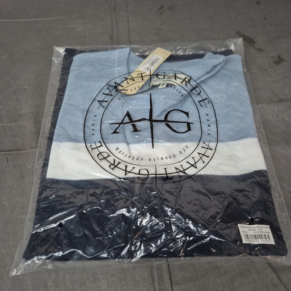 AG MENS HANNA BLOCK CREW NECK JUMPER – NAVY – SIZE L (STYLE CODE A230333)