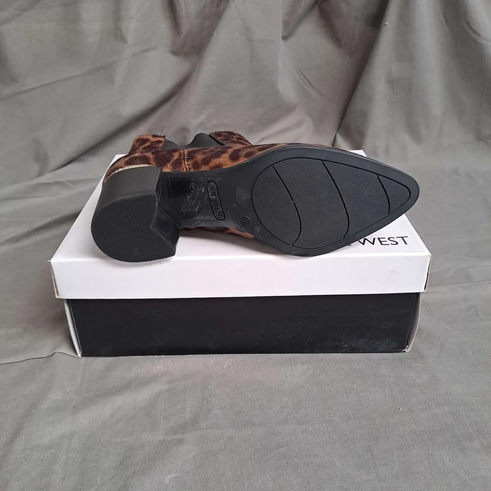 BOXED PAIR OF NINE WEST SUEDE ANKLE BOOTS IN LEOPARD SIZE EU 35