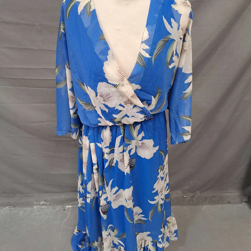 URBAN TOUCH FLORAL PRINT KIMONO MIDI WRAP DRESS IN BLUE SIZE 10