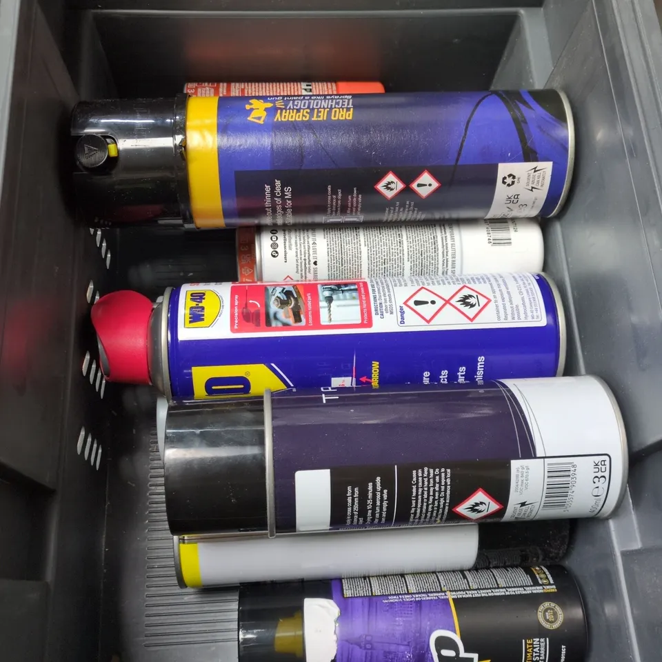 APPROXIMATELY 15 ASSORTED AEROSOLS TO INCLUDE WD40, BPERECT SELF TANNING OIL SPRAY AND VASELINE ACTIVE FRESH DEODORANT