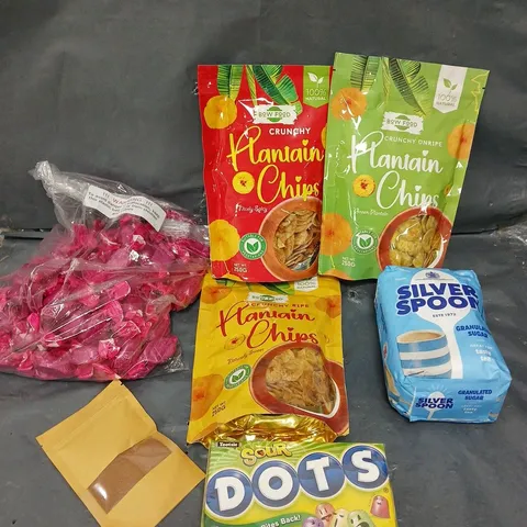 APPROXIMATELY 10 ASSORTED FOOD PRODUCTS TO INCLUDE PLANTAIN CHIPS, SOUR DOTS, SILVER SPOON SUGAR ETC 