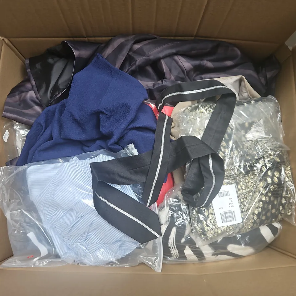APPROXIMATELY 35 ASSORTED CLOTHING ITEMS IN VARIOUS SIZES, STYLES & COLOURS TO INCLUDE DRESSES, TOPS, JACKETS, ETC
