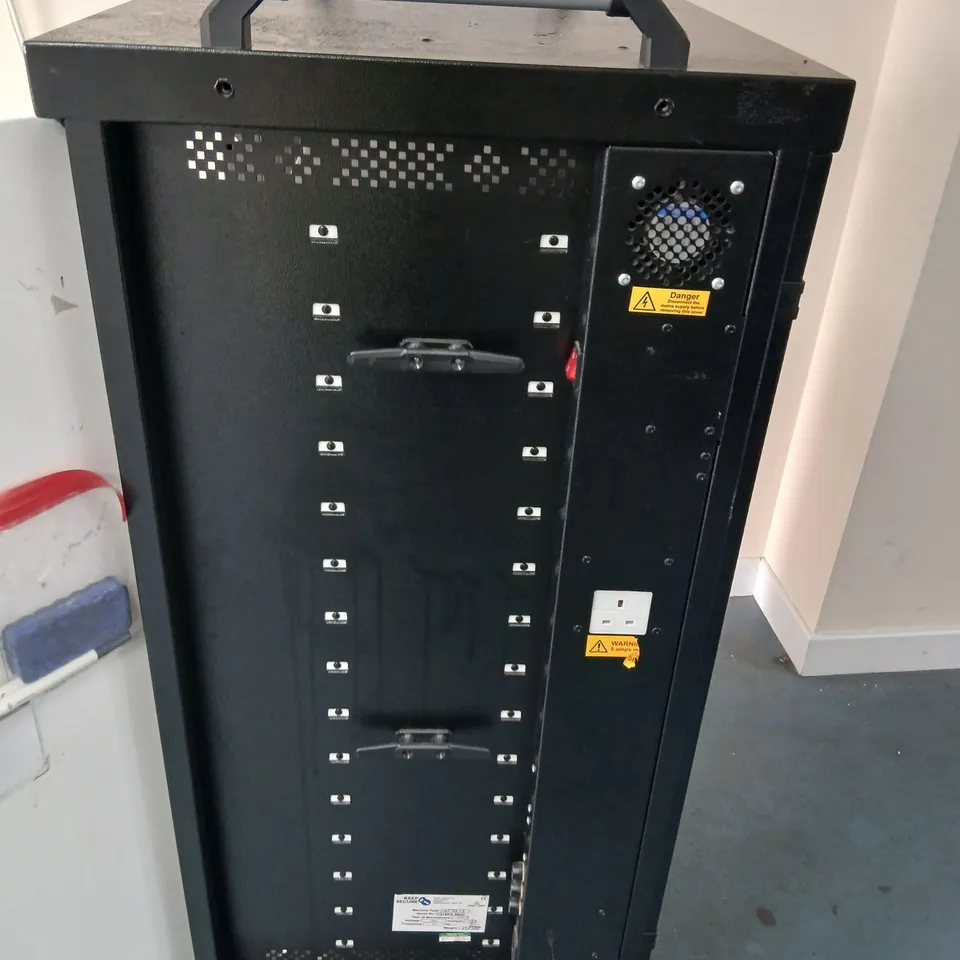TALL BLACK METAL EQUIPMENT CHARGING CABINET WITH MULTIPLE SLIDING SHELVES