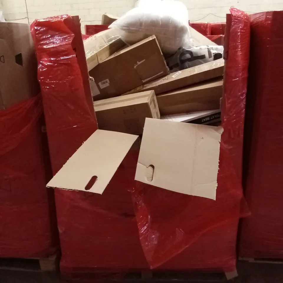 PALLET OF ASSORTED HOUSEHOLD GOODS AND PRODUCTS TO INCLUDE; BOXED FURNITURE, TOILET SEATS, PILLOW INFILLS ETC