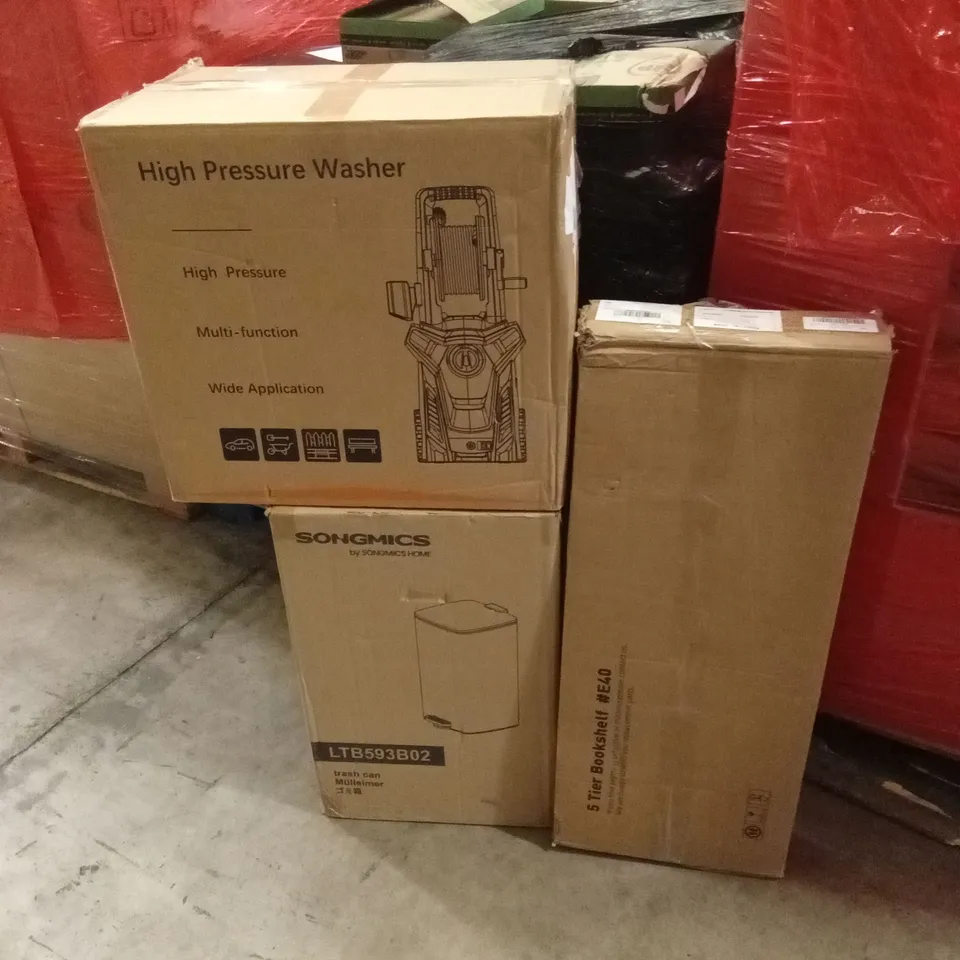 PALLET OF ASSORTED HOUSEHOLD GOODS AND PRODUCTS TO INCLUDE; PRESSURE WASHER, TRASH CAN, 5-TIER BOOKSHELF ETC