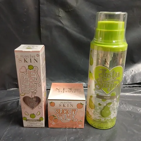 PLOUISE LOT OF 3 ASSORTED SKINCARE PRODUCTS TO INCLUDE - PEAR MICELLAR WATER - PEACH MELTING BODY BALM - APPLE HYDRATING MIST 