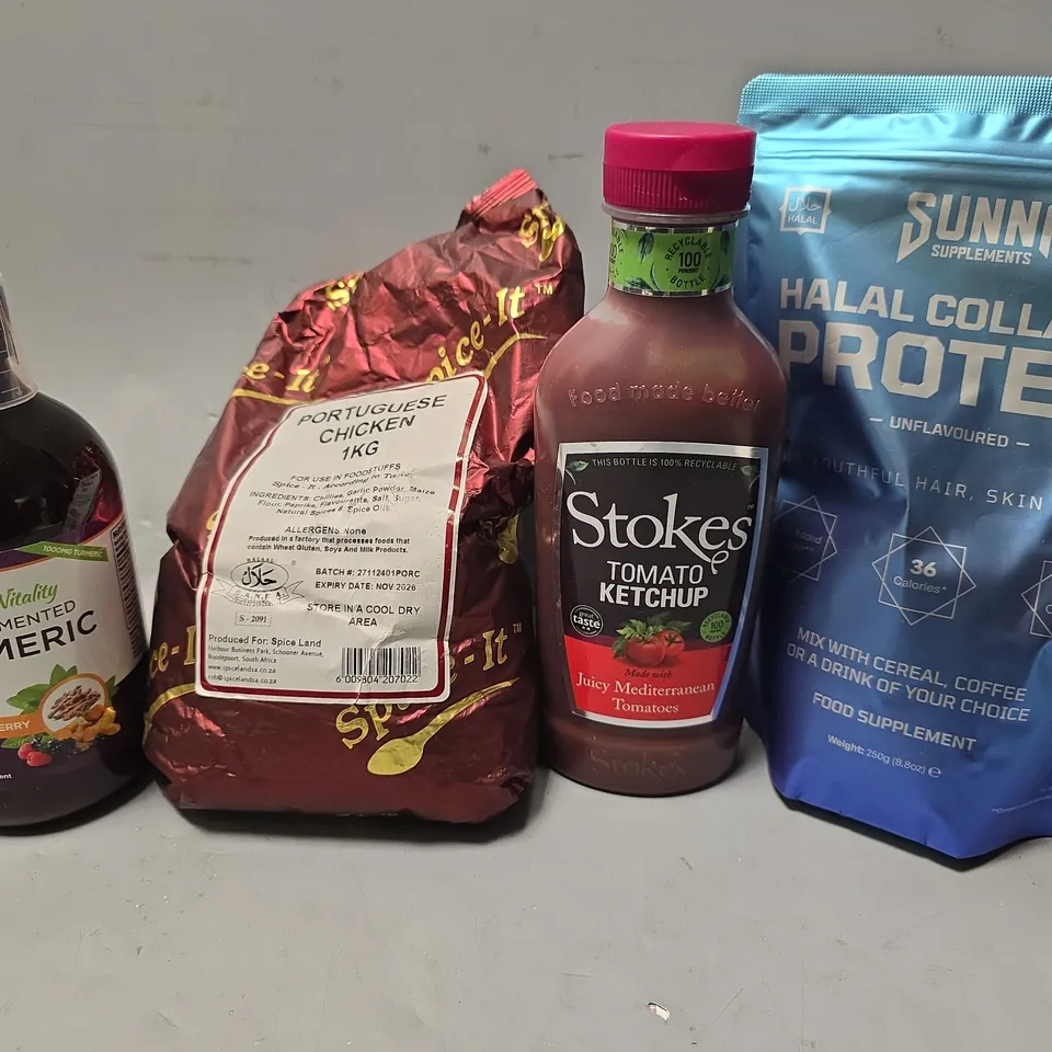 APPROXIMATELY 8 ASSORTED FOOD & DRINK ITEMS TO INCLUDE - STOKE TOMATO KETCHUP , SUNNA HALA COLLAGEN PROTEIN ETC